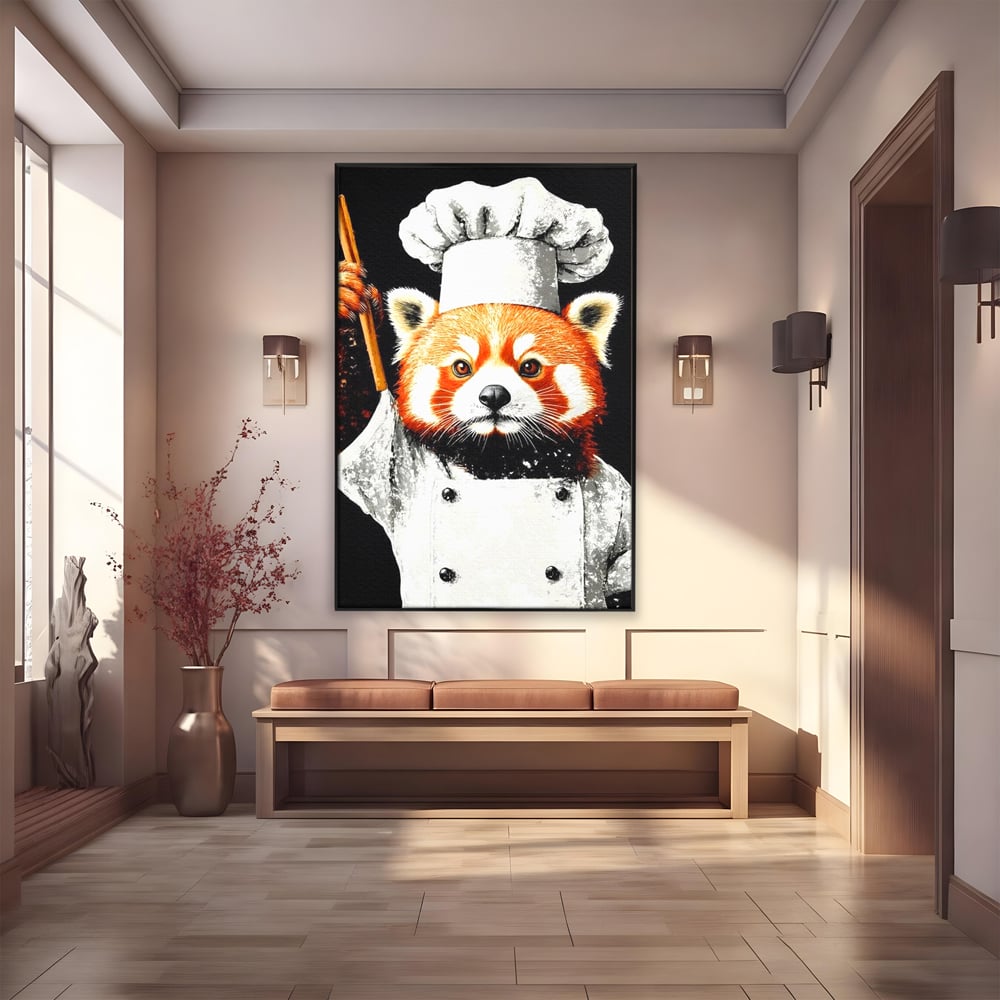 Tablou canvas cu tablou canvas cu panda rosu bucatar, in rama de aluminiu negru